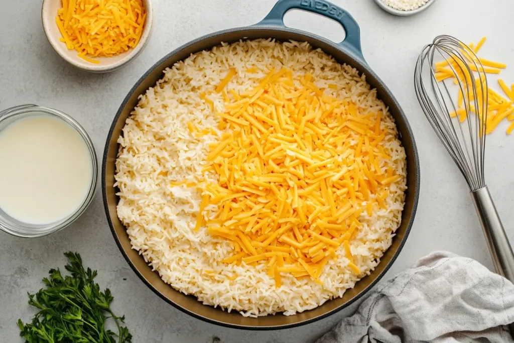 A top-down view of a pan filled with cooked white rice topped with shredded cheddar cheese, ready to be mixed. Surrounding the pan are ingredients such as milk, parsley, and additional shredded cheese, along with a whisk, set on a clean kitchen countertop.