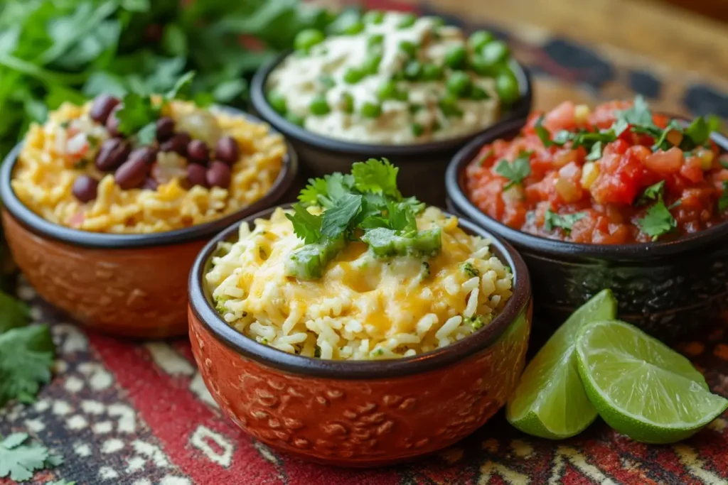 A collection of cheesy rice variations served in colorful bowls, including broccoli cheesy rice, Mexican-style rice with salsa and beans, and creamy rice with peas. Garnished with fresh cilantro and lime wedges, displayed on a vibrant textured background.