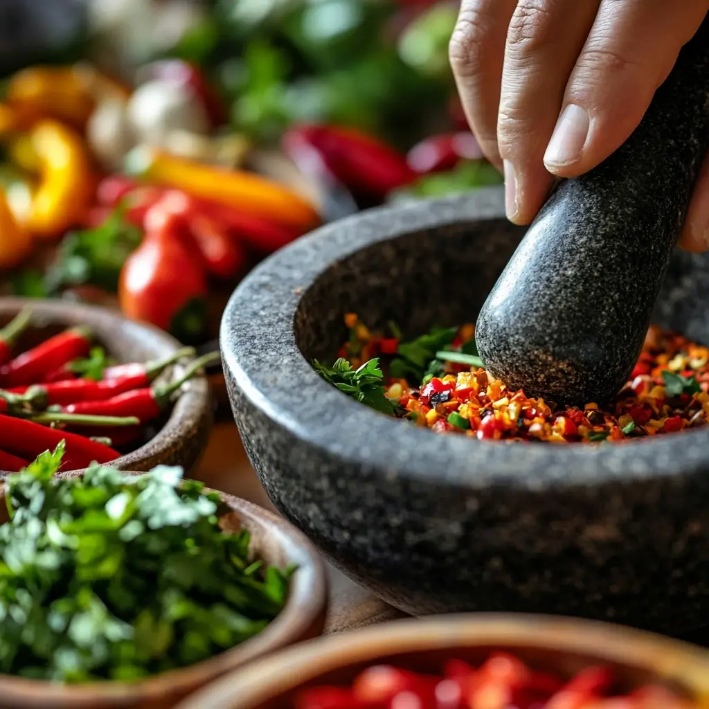 Chef’s hand grinding fresh spices in a mortar and pestle, surrounded by bowls of chili peppers, garlic, and herbs, showcasing global cooking techniques.