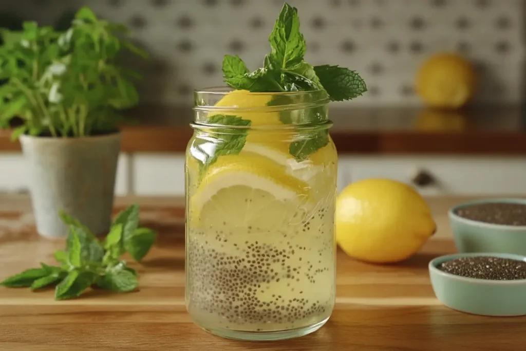 A mason jar of chia water garnished with fresh lemon slices and mint leaves, placed on a wooden countertop with chia seeds and herbs in the background, highlighting a refreshing variation of the chia water recipe.