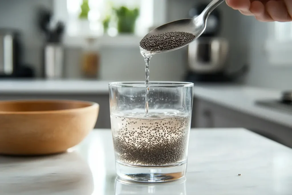 A step-by-step process of making chia water, showing chia seeds being poured into a glass of water in a bright, modern kitchen setup.