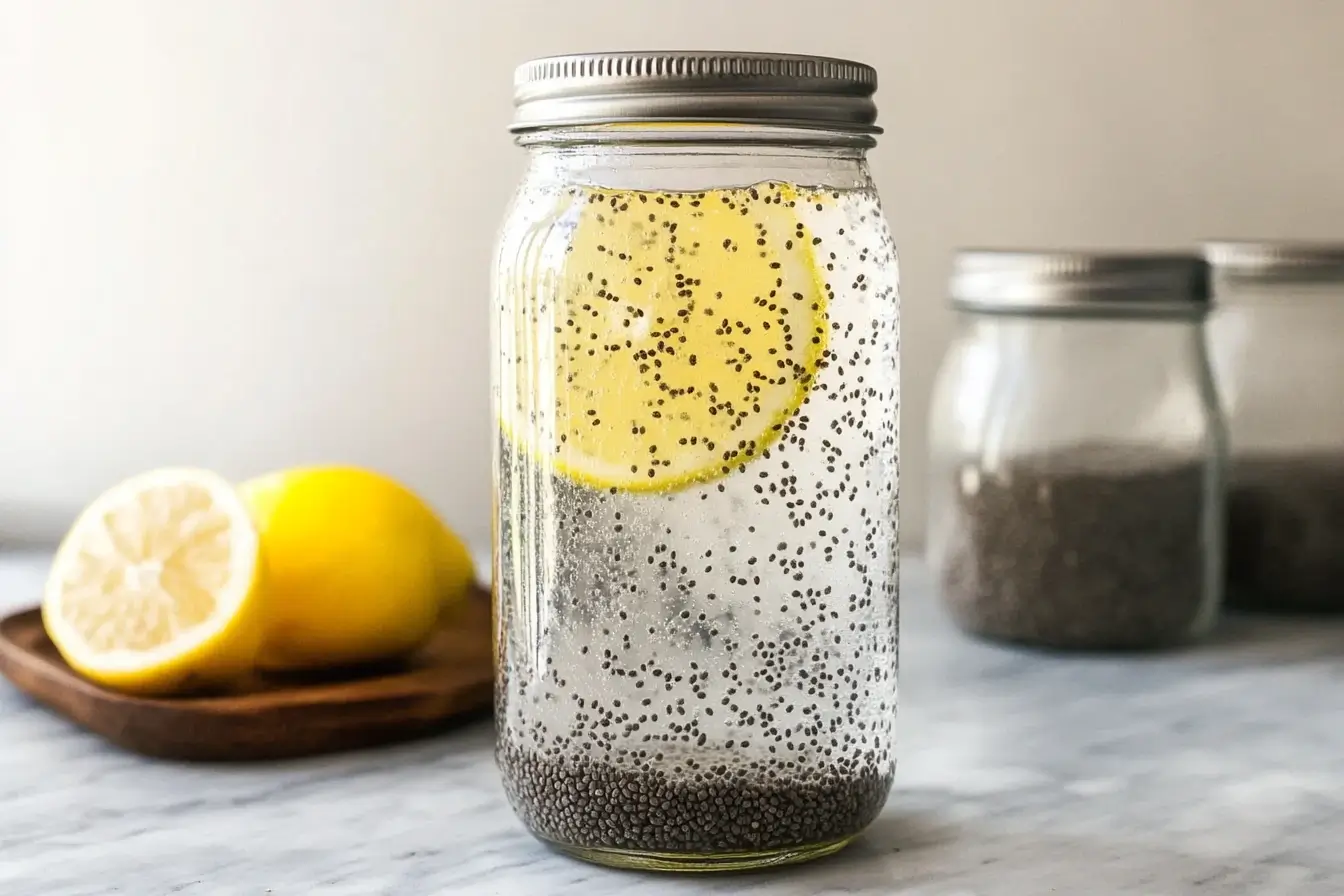 A mason jar filled with chia water and a lemon slice, showcasing a refreshing and healthy chia water recipe for hydration and wellness.