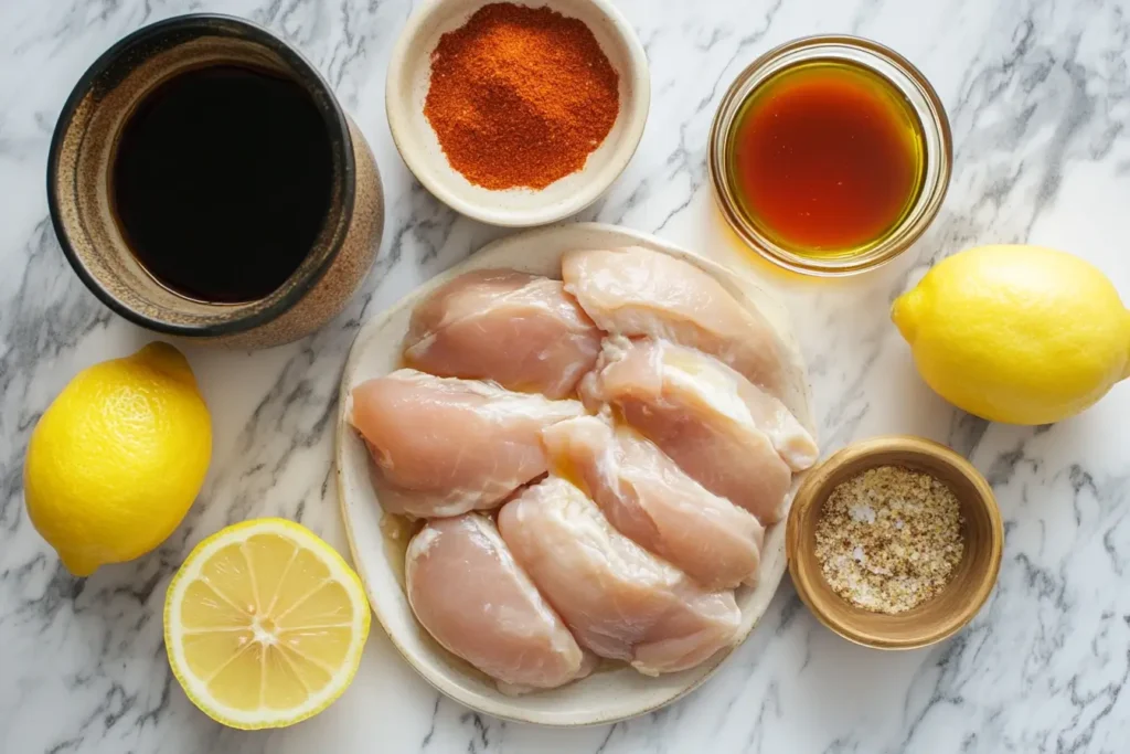 An overhead view of fresh chicken breasts and marinade ingredients, including pickle juice, soy sauce, olive oil, spices, and lemons, ready for the Chick-fil-A chicken recipe.