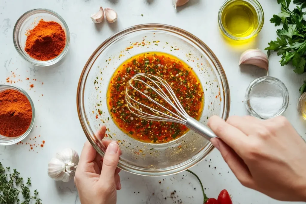 A vibrant marinade being whisked in a glass bowl, surrounded by key ingredients like spices, olive oil, and pickle juice, showcasing the preparation process for the Chick-fil-A chicken recipe.