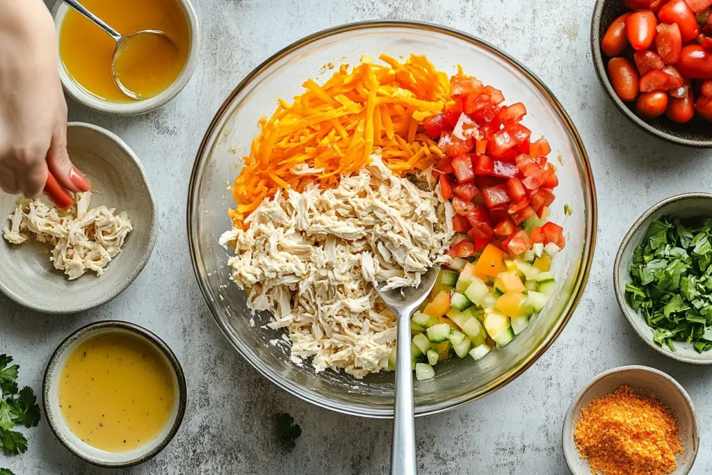  A bowl with shredded chicken, grated cheese, diced tomatoes, cucumbers, and fresh herbs, surrounded by bowls of dressings and spices, showing the process of preparing chicken salad.