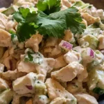 A bowl of chicken salad garnished with fresh cilantro, featuring diced chicken, red onions, and celery, coated in a creamy dressing.