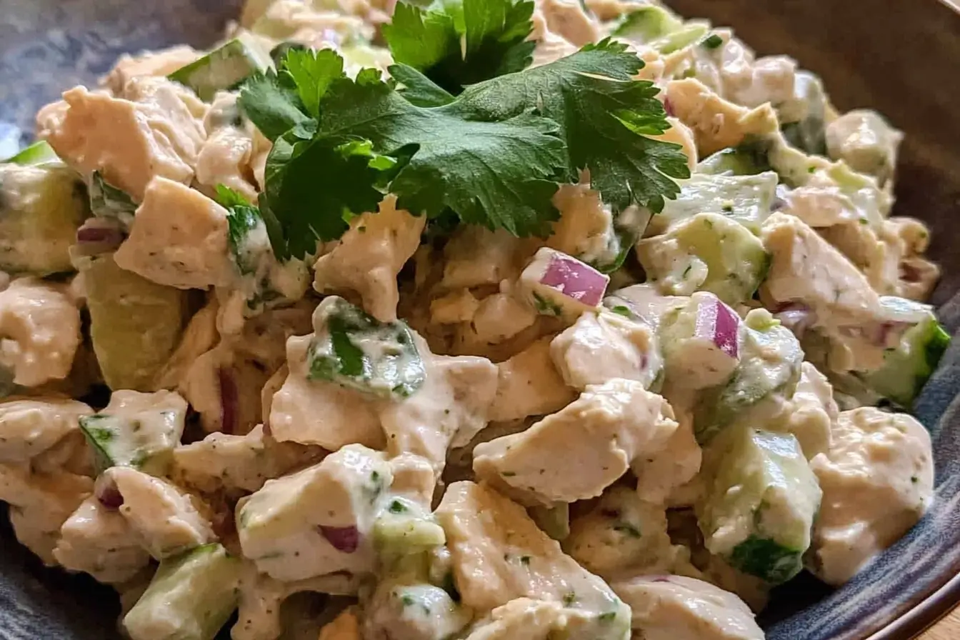 A bowl of chicken salad garnished with fresh cilantro, featuring diced chicken, red onions, and celery, coated in a creamy dressing.