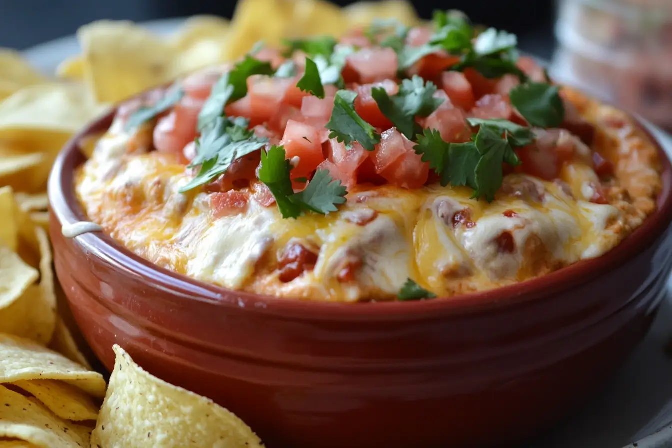 A rich and creamy chipotle queso dip served in a red bowl, topped with fresh cilantro and diced tomatoes, surrounded by golden tortilla chips, ready for dipping.