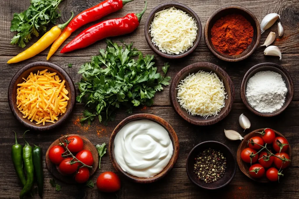 "A flat-lay of chipotle queso ingredients, including fresh red and green peppers, grated cheddar and Monterey Jack cheese, sour cream, parsley, tomatoes, garlic, and spices like paprika and peppercorns on a rustic wooden table.