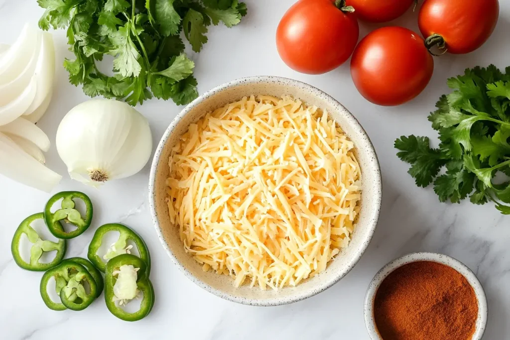 A flat lay of chipotle queso ingredients including shredded cheese, fresh tomatoes, cilantro, sliced jalapeños, white onion, and a small bowl of chili powder on a marble countertop.