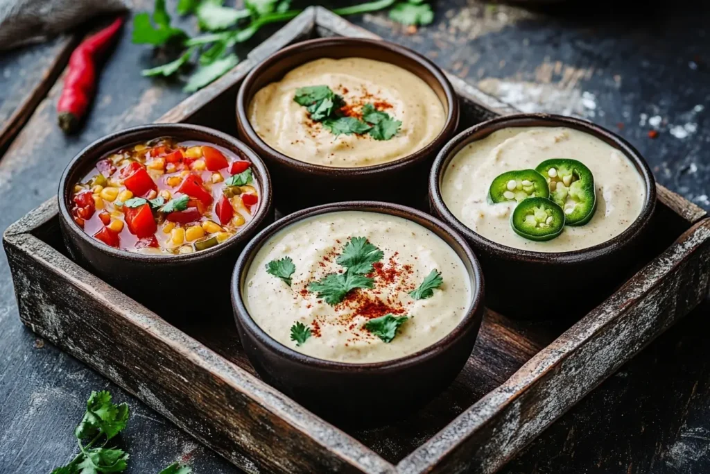 Four bowls of queso variations served in a rustic wooden tray, including a traditional chipotle queso, a spicy version with jalapeños, a smoky version with paprika, and a corn and tomato queso.