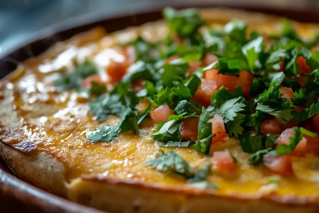 "Close-up of chipotle queso topped with fresh cilantro and diced tomatoes, served on a golden, crispy base for a vibrant and flavorful presentation.