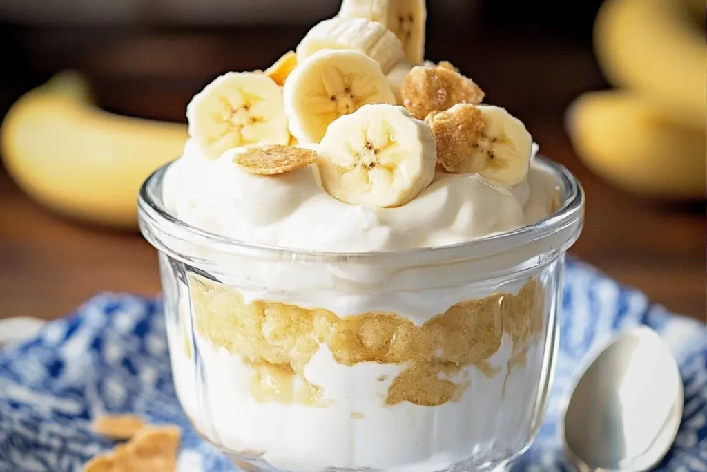 Classic individual banana pudding served in a glass bowl, layered with creamy pudding, fresh banana slices, and crumbled wafers, topped with whipped cream and garnishes.