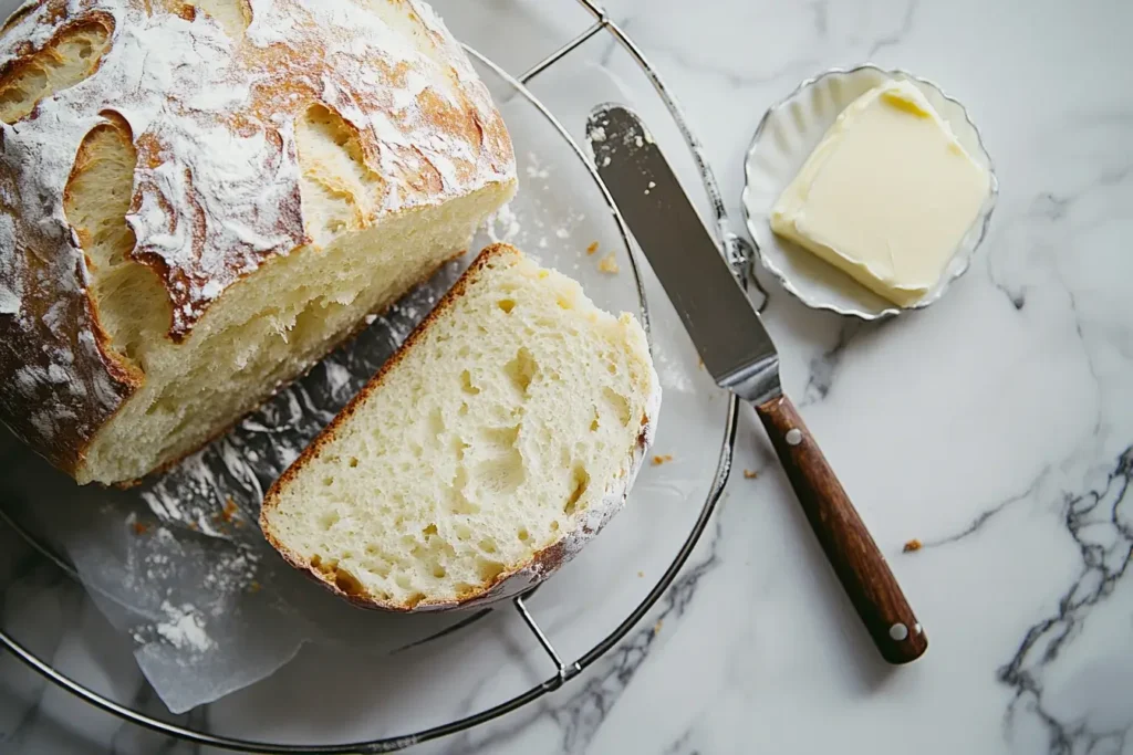 A classic white bread loaf with a golden crust cooling on a wire rack, showcasing its soft and fluffy interior, ready to be served.