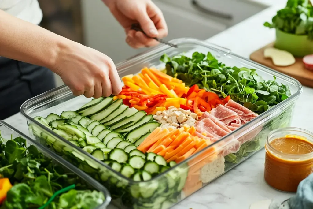 "Hands assembling a sub in a tub in a glass dish with neatly arranged rows of sliced cucumbers, bell peppers, deli meats, cheese, greens, and a jar of dressing on the side, perfect for meal preparation.