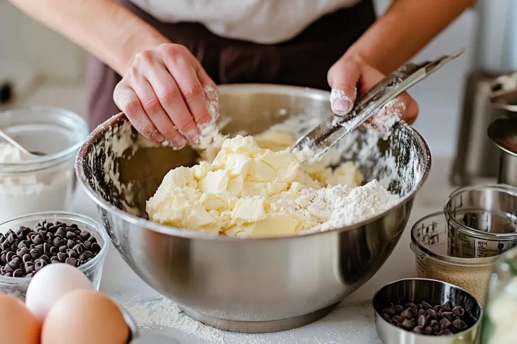  A baker mixing butter and sugar in a bowl, with ingredients like chocolate chips and flour measured in metric units nearby.
