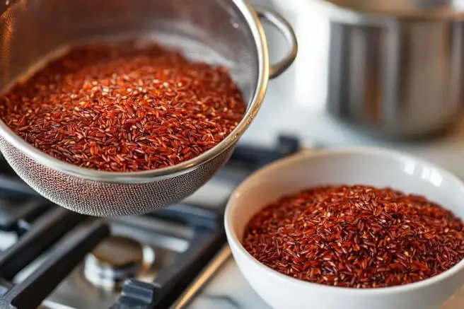 A step-by-step visual guide to cooking red rice, including rinsing the grains, simmering in a pot on a stovetop, and a bowl of fluffy, cooked red rice.