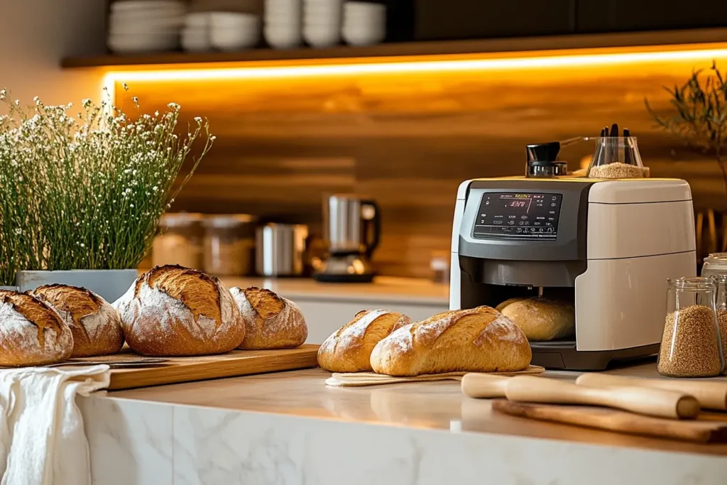 A sleek Cuisinart bread machine on a kitchen countertop with fresh bread, showcasing the perfect appliance for homemade baking.