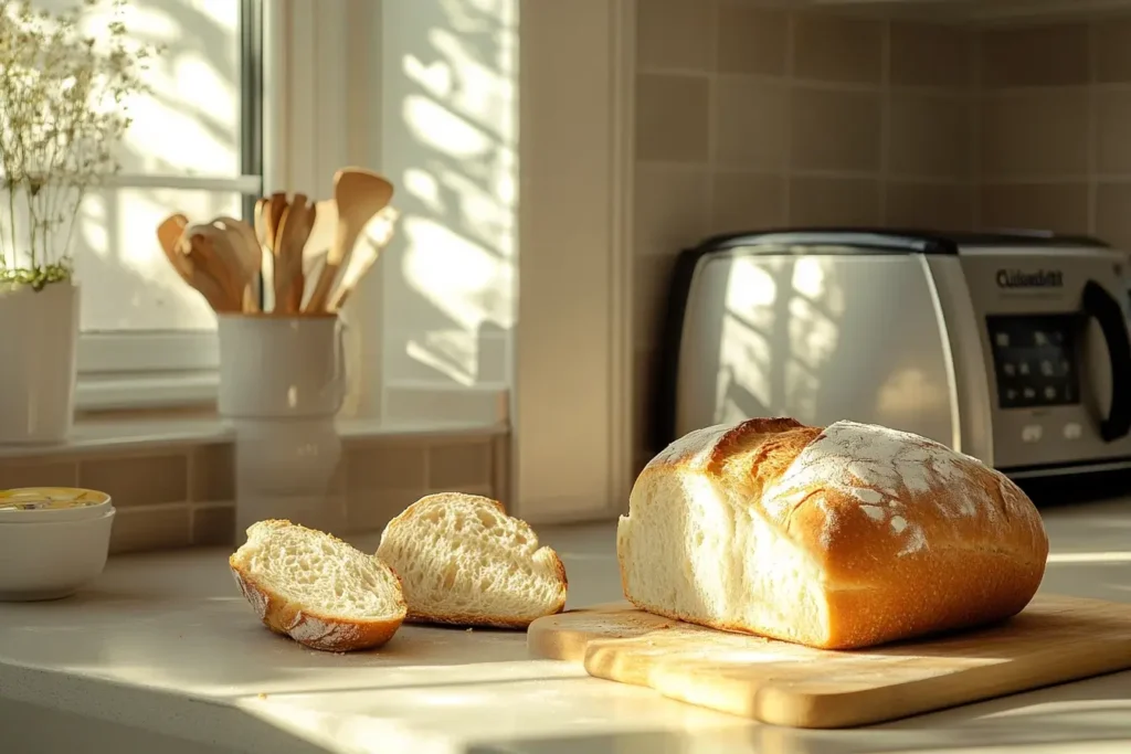 A modern Cuisinart bread maker on a kitchen countertop with freshly baked bread, showing a soft interior and golden crust.