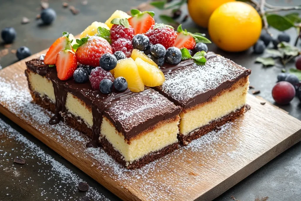 Slices of cake topped with chocolate ganache, powdered sugar, and fresh fruit, displayed on a wooden board.