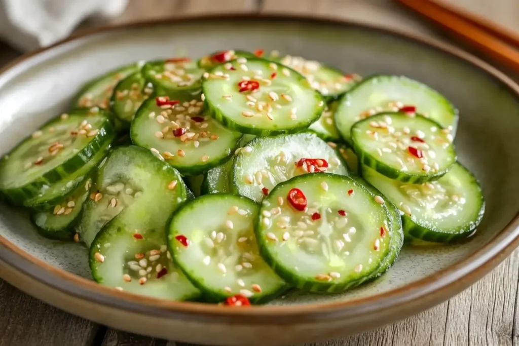 A plate of Din Tai Fung cucumber salad with sliced cucumbers in soy sauce marinade, garnished with sesame seeds, chili flakes, and served on a wooden table with chopsticks.