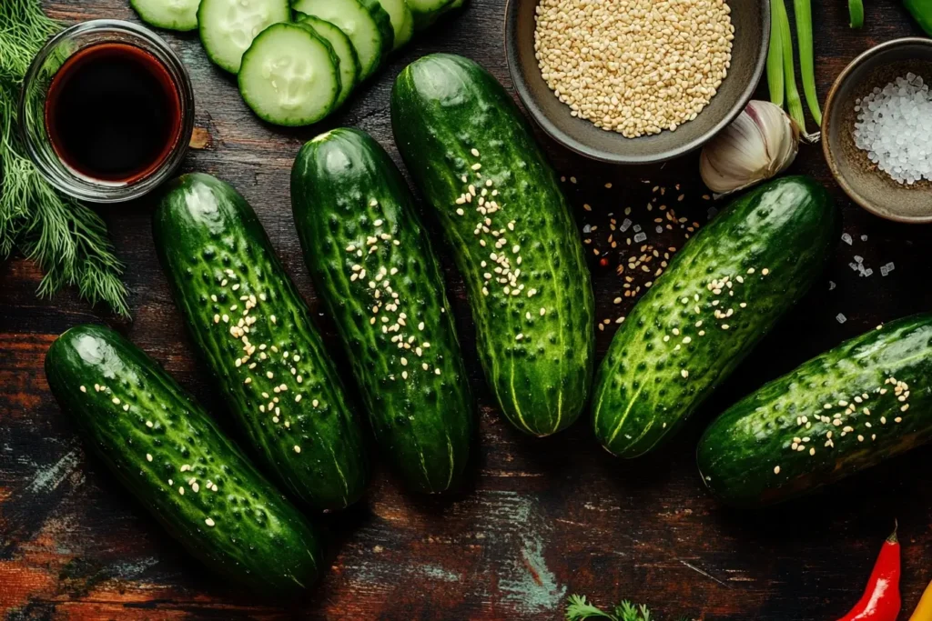  Fresh Japanese cucumbers with soy sauce, rice vinegar, sesame oil, garlic, sugar, and chili flakes displayed on a kitchen countertop in vibrant lighting.