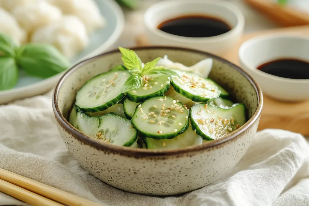 A small bowl of Din Tai Fung cucumber salad served with dumplings and jasmine rice, on a neatly arranged table with chopsticks and soy sauce.