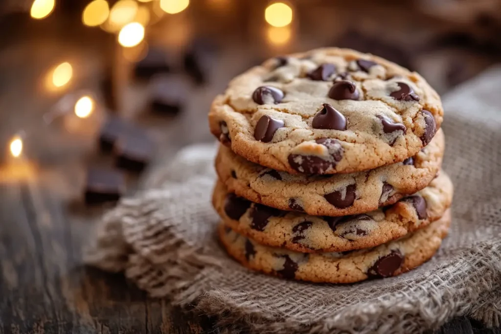 A stack of golden-brown Disney chocolate chip cookies with gooey chocolate chips, evoking a magical Disney theme.