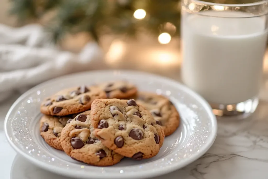  A plate of Disney chocolate chip cookies served with a glass of milk in a cozy kitchen setting, evoking a magical Disney vibe.