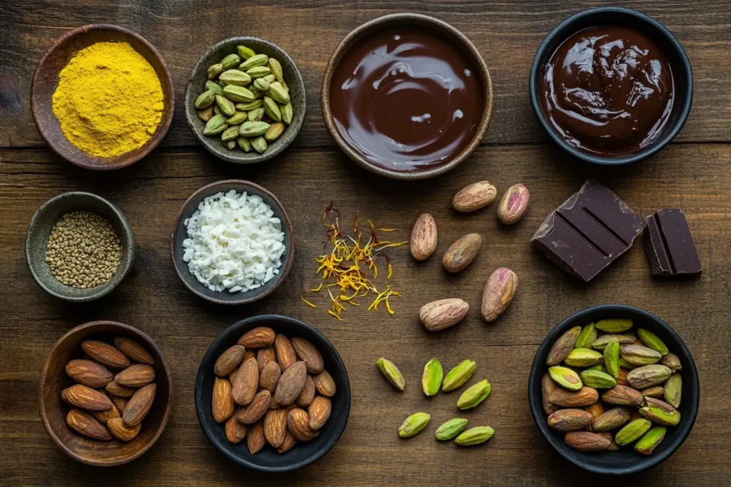 A flat lay of ingredients for Dubai-inspired chocolate, including melted chocolate, tahini, date syrup, pistachios, almonds, cardamom, saffron, and rosewater on a rustic wooden table.