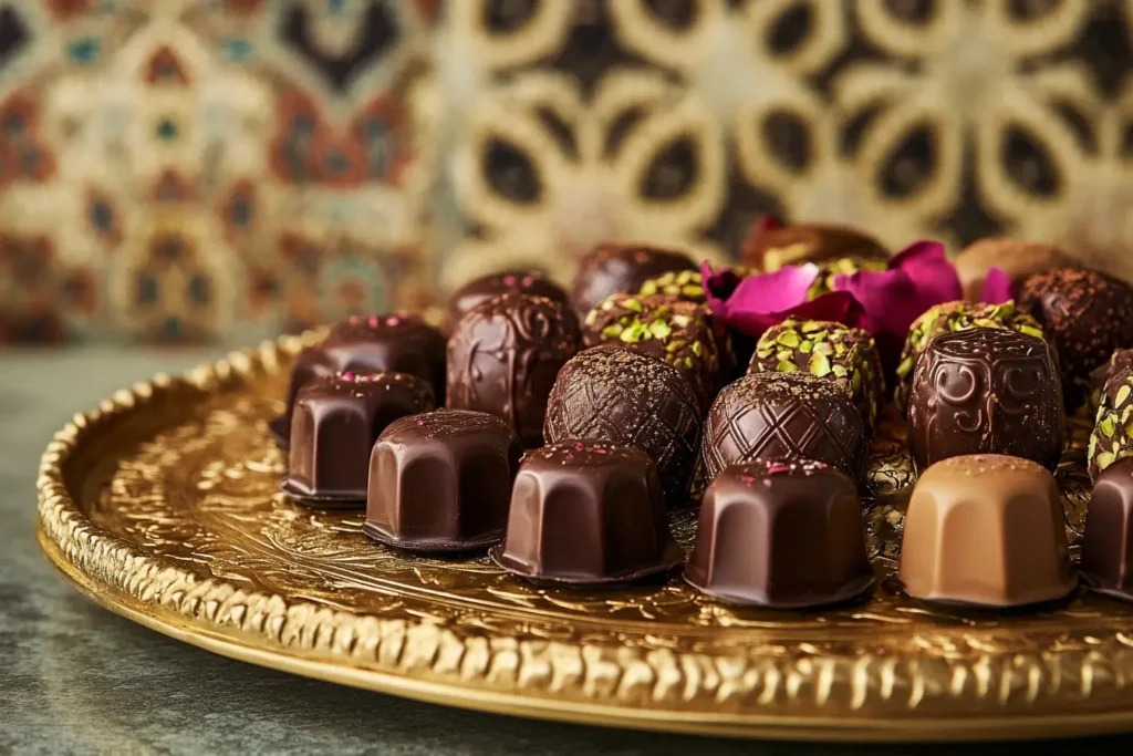 A luxurious display of Dubai-inspired chocolates featuring pistachios, saffron, and rose petals on an ornate golden platter with Arabic designs in the background.