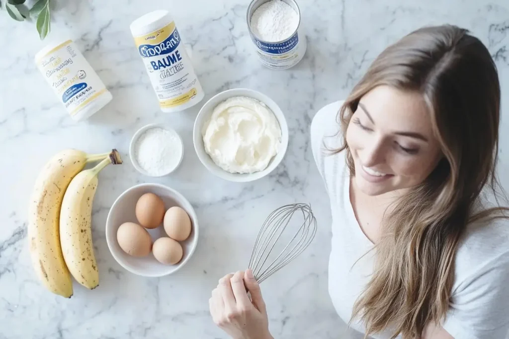 Ingredients for Chobani banana bread laid out on a marble countertop, including bananas, yogurt, eggs, flour, and sugar.