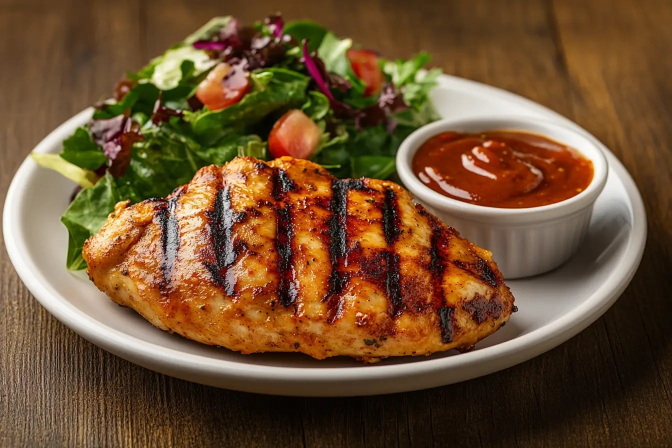 A close-up of a plate featuring Chick-fil-A-style grilled chicken served with a fresh salad and dipping sauce on a rustic table, highlighting the recipe's vibrant and delicious appeal.