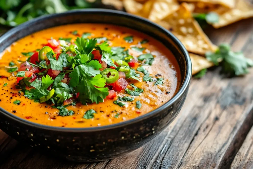 A close-up of creamy chipotle queso in a black bowl, topped with fresh cilantro, diced tomatoes, and sliced jalapeños, served with tortilla chips on a rustic wooden table.