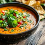 A close-up of creamy chipotle queso in a black bowl, topped with fresh cilantro, diced tomatoes, and sliced jalapeños, served with tortilla chips on a rustic wooden table.