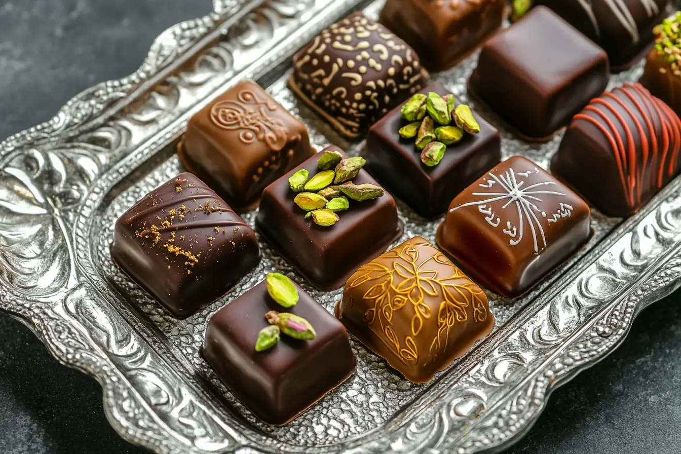 Finished Dubai-inspired chocolates with edible gold, pistachios, and saffron threads on a decorative silver tray featuring Arabic motifs.