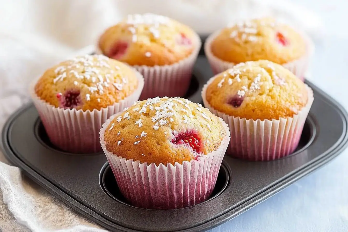 Freshly baked strawberry muffins in a muffin tin, topped with sugar crystals and featuring golden tops with visible strawberry pieces, set against a soft white background.