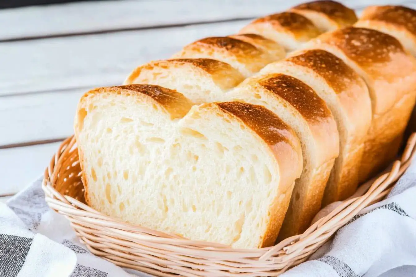 Freshly baked white bread loaf sliced and arranged in a wicker basket, showcasing soft texture and golden crust.