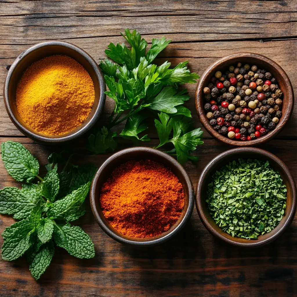 A vibrant display of global spices such as cumin, turmeric, sumac, and Aleppo pepper with fresh herbs on a wooden surface.