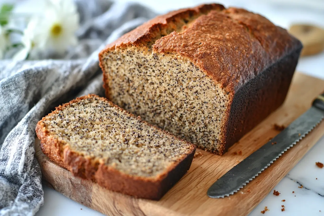 A gluten-free bread loaf sliced open, showing its dense and soft crumb, placed on a rustic wooden cutting board.