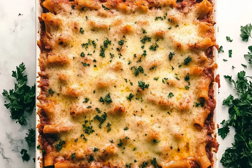 Close-up of a golden, bubbly meatless baked ziti topped with melted cheese and garnished with fresh parsley, displayed in a casserole dish on a white marble background.