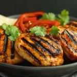 Grilled red pepper chicken garnished with fresh cilantro, lime wedges, and roasted red pepper slices, served on a dark plate for a vibrant presentation.