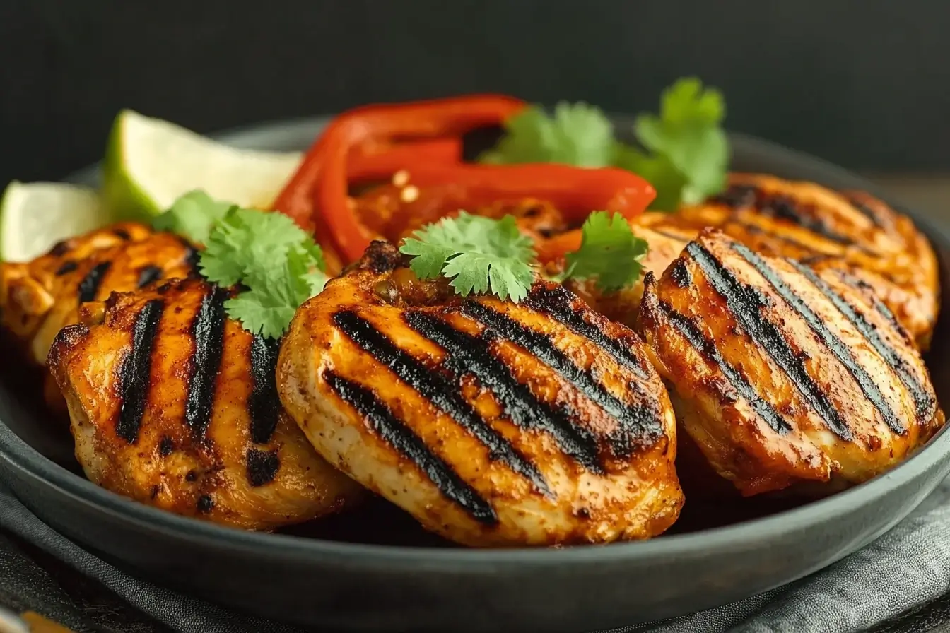 Grilled red pepper chicken garnished with fresh cilantro, lime wedges, and roasted red pepper slices, served on a dark plate for a vibrant presentation.