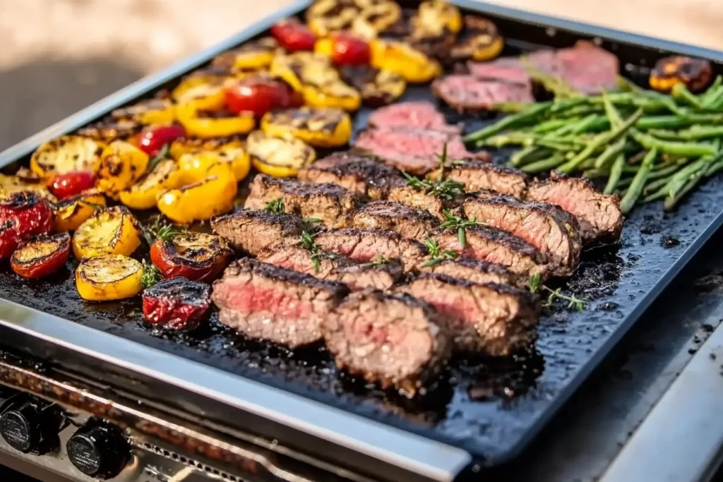 Grilled steak slices and charred vegetables, including yellow peppers, cherry tomatoes, and green beans, cooked on a Pit Boss grill.