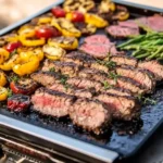 Grilled steak slices and charred vegetables, including yellow peppers, cherry tomatoes, and green beans, cooked on a Pit Boss grill.