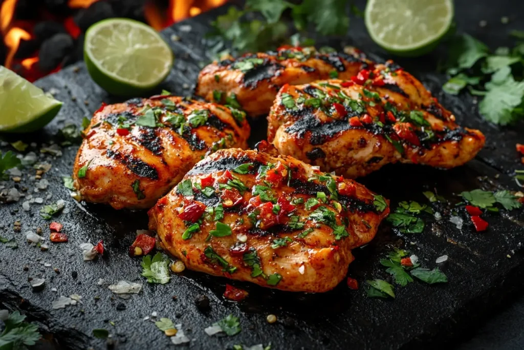 Marinated chicken pieces grilling over an open flame, brushed with a red pepper marinade, with glowing embers and fresh garnishes.