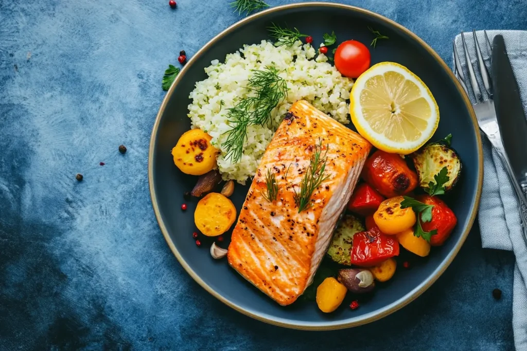 A plate of baked salmon with lemon, roasted vegetables, and cauliflower rice, showcasing healthy recipes made with the Ninja Foodi.