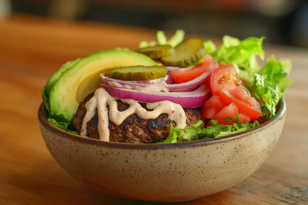 A colorful, deconstructed burger bowl with fresh vegetables, a juicy burger patty, and creamy sauce, served in a rustic bowl on a wooden table.

