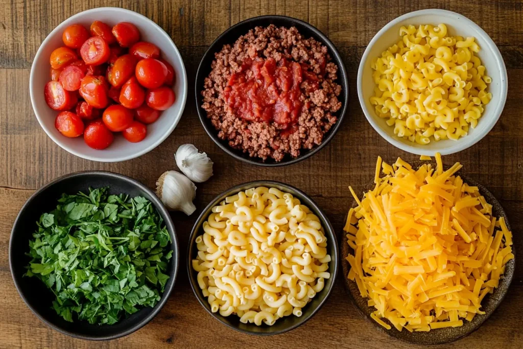 A flat lay of fresh ingredients for homemade beefaroni, including elbow macaroni, cheddar cheese, ground beef with tomato sauce, cherry tomatoes, garlic, and fresh parsley.