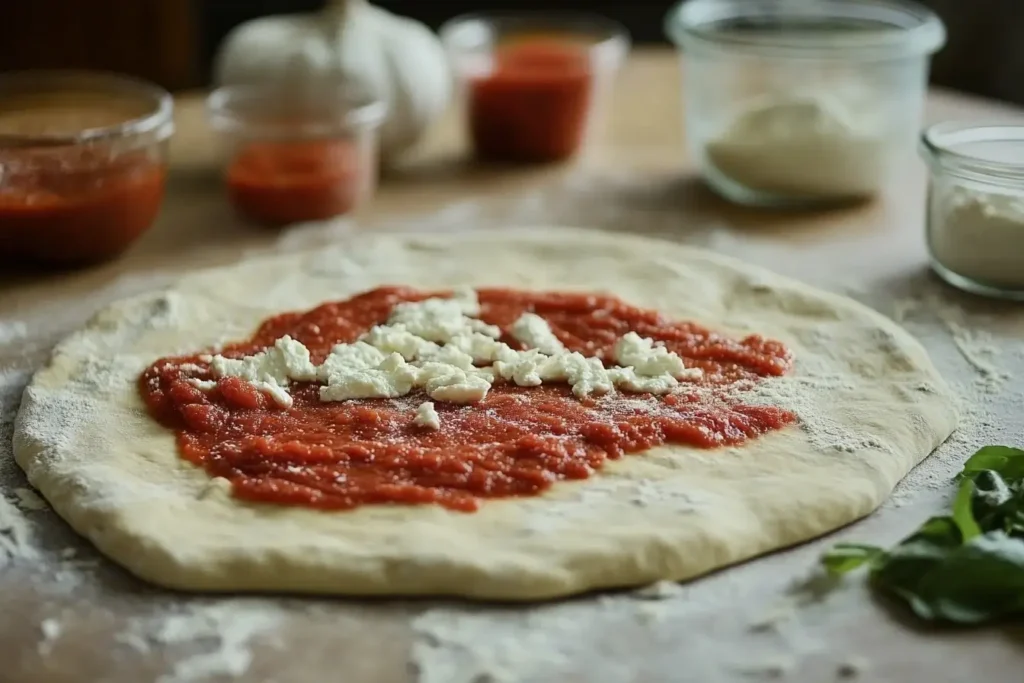 Fresh homemade pizza dough rolled out on a floured surface with toppings like tomato sauce, cheese, and basil ready for baking.